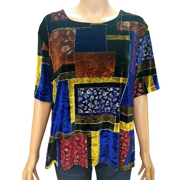 Womens Velvet Patchwork Top 1X Boho Colorful Metallic Eclectic Short Sleeve - Picture 1 of 7